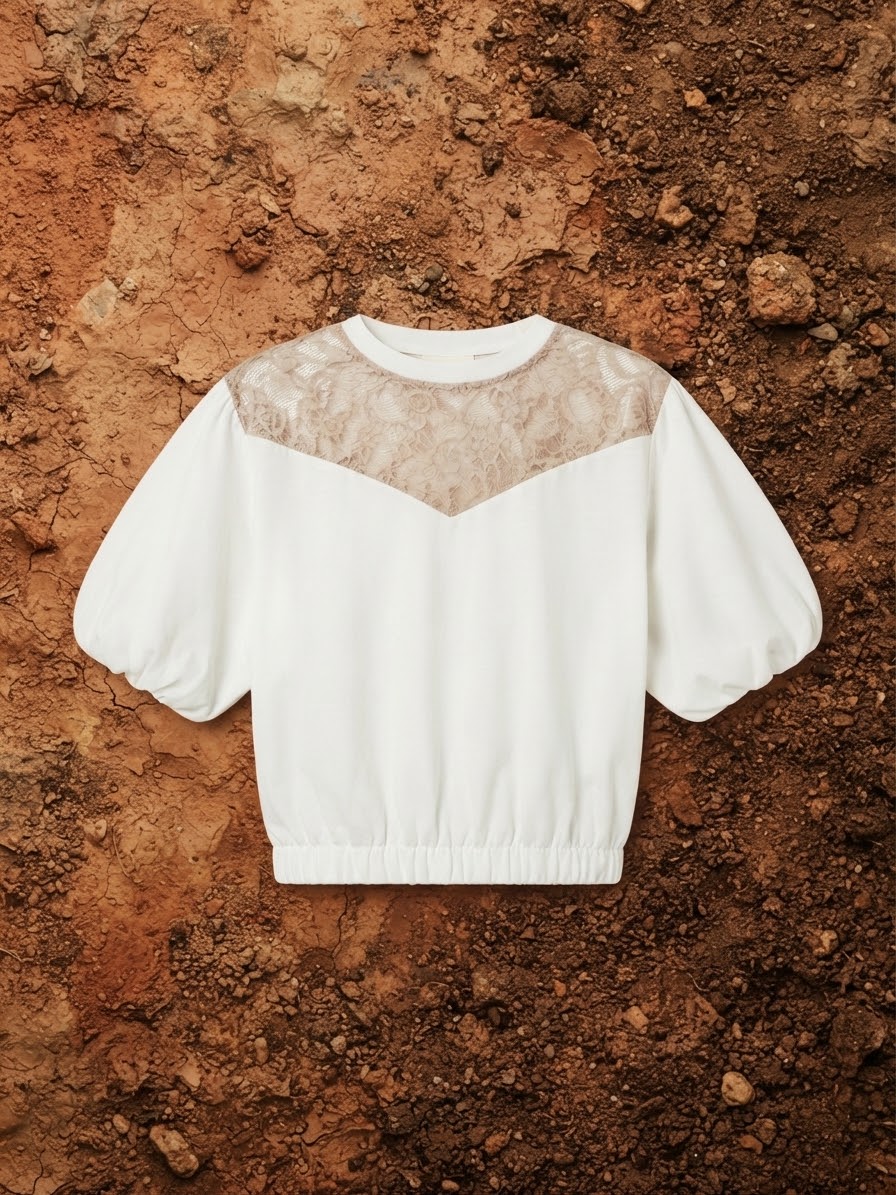 T-Shirt romantica con Maniche a Sbuffo e Inserti in pizzo