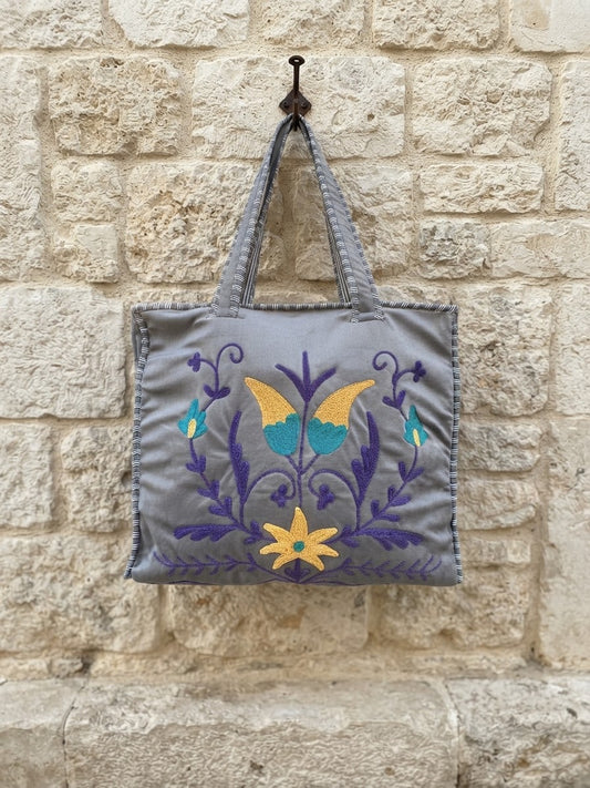 Tote Bag in Velluto Grigio con ricami