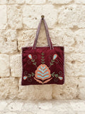 Tote Bag in Velluto Bordeaux con Ricami