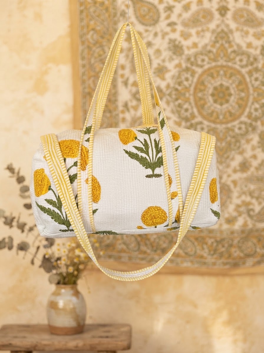 Borsa Trapuntata in Cotone Indiano con Fiori Gialli