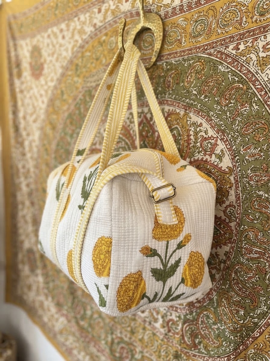 Borsa Trapuntata in Cotone Indiano con Fiori Gialli