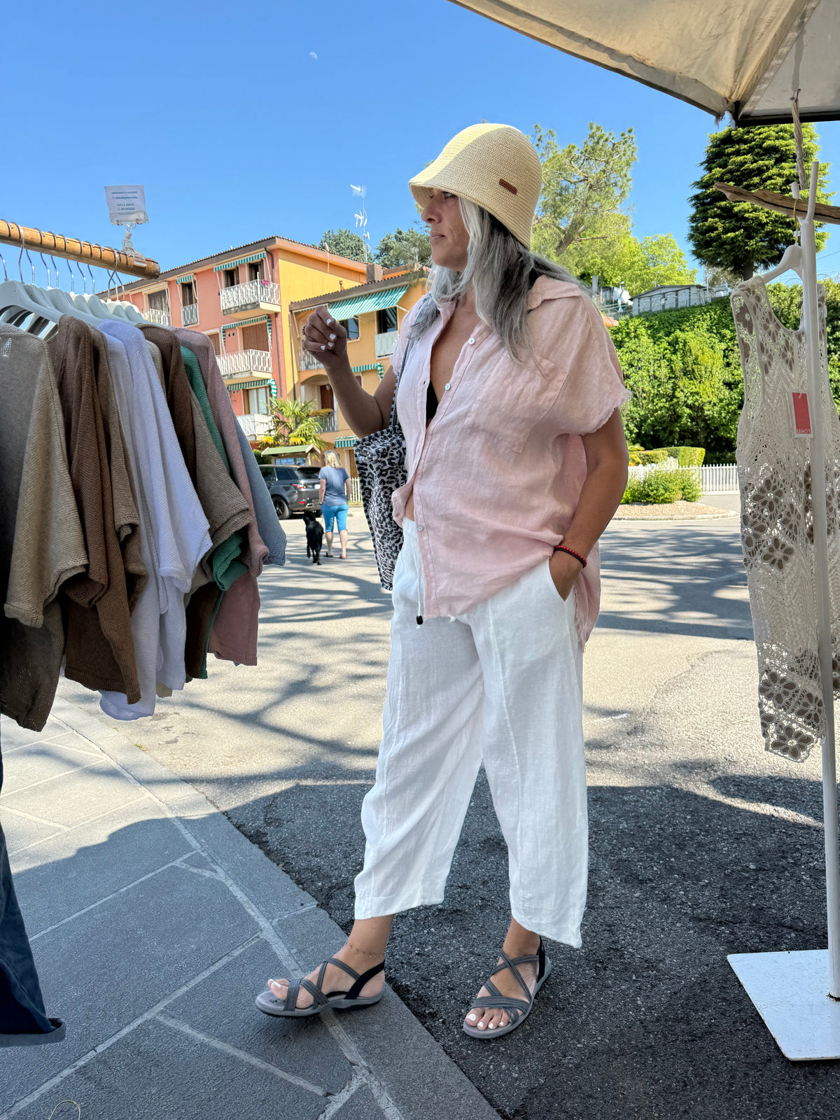 Camicia lunga Lino con maniche corte sfrangiate
