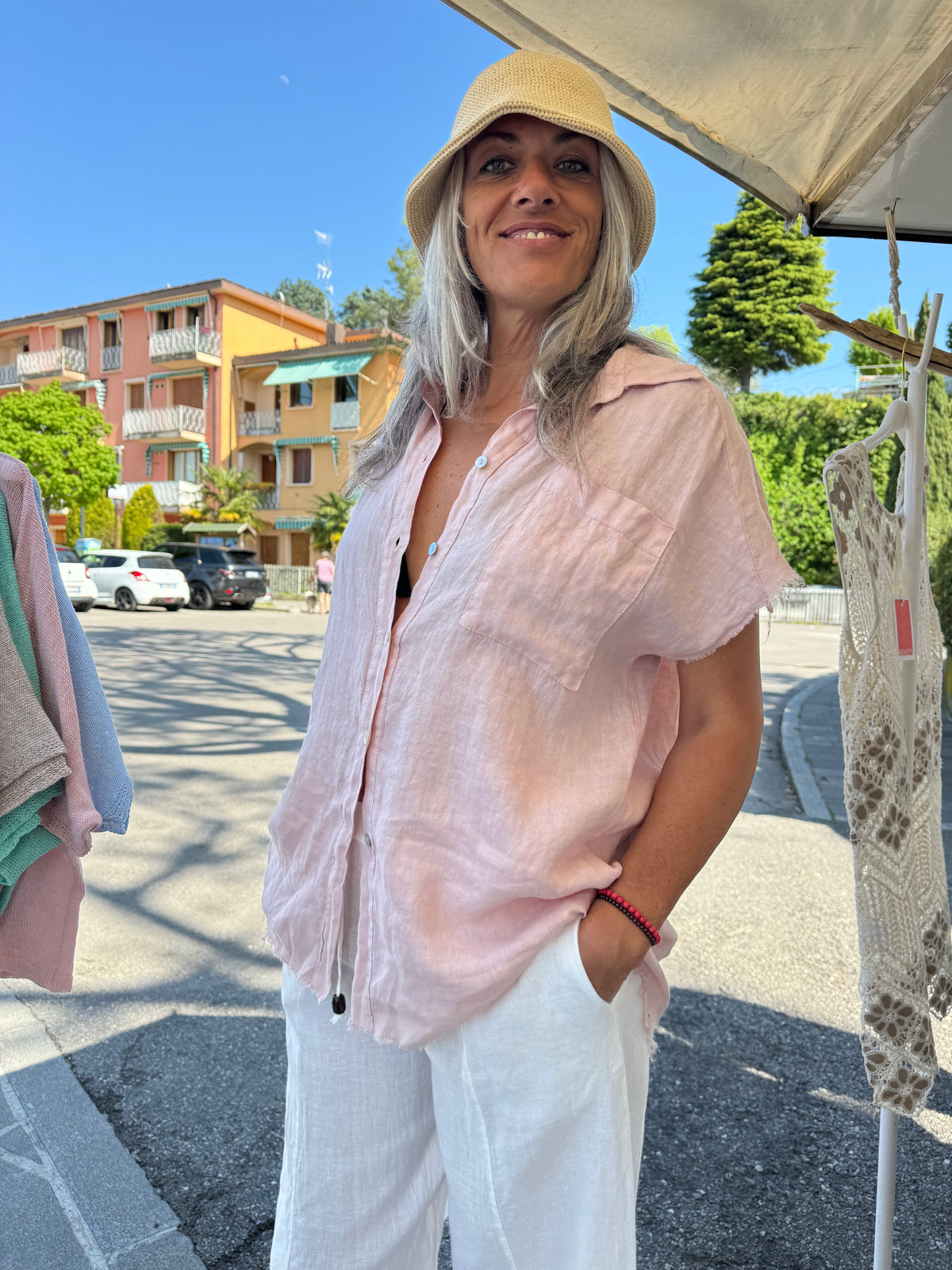 Camicia lunga Lino con maniche corte sfrangiate