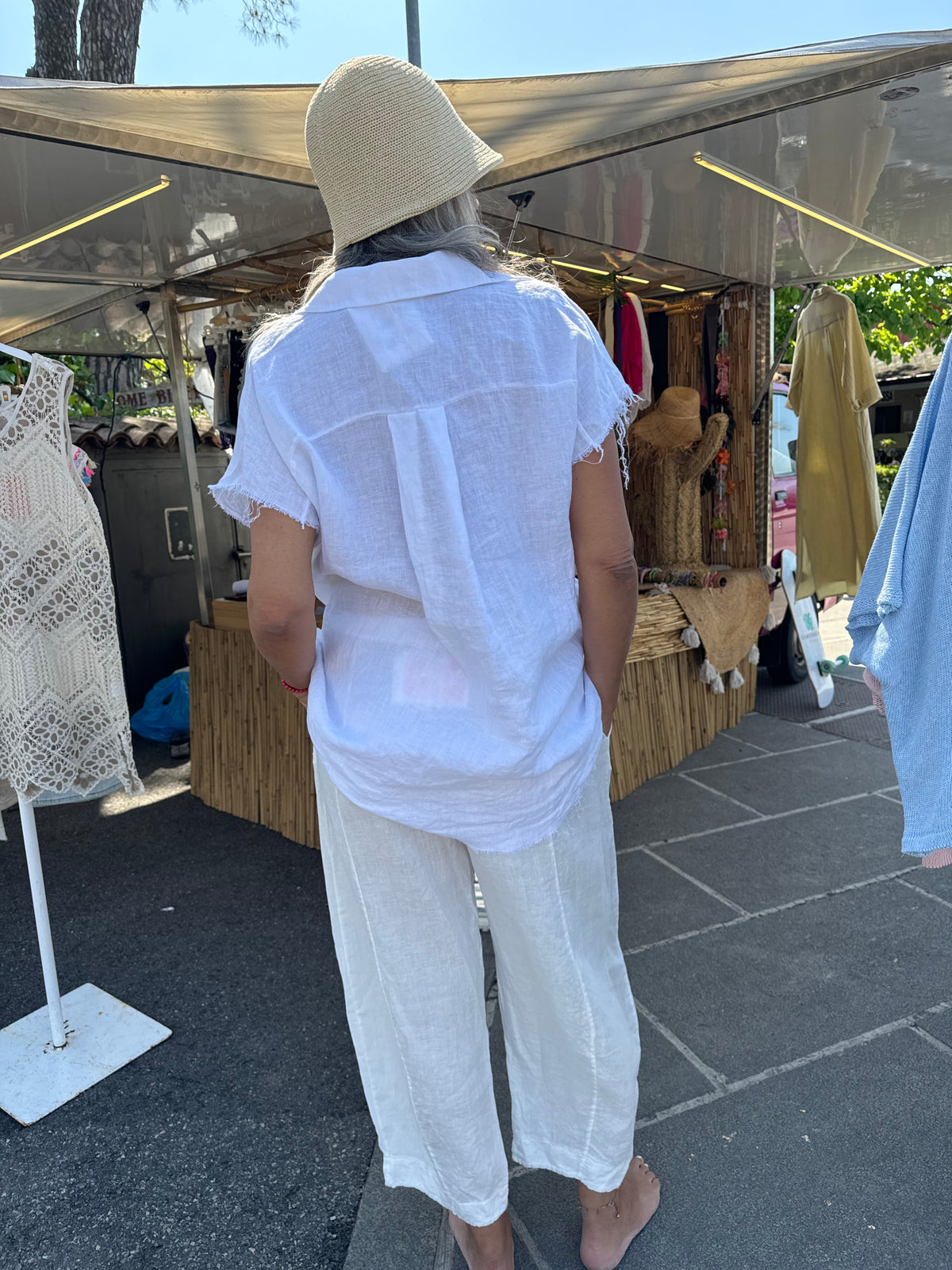 Camicia lunga Lino con maniche corte sfrangiate