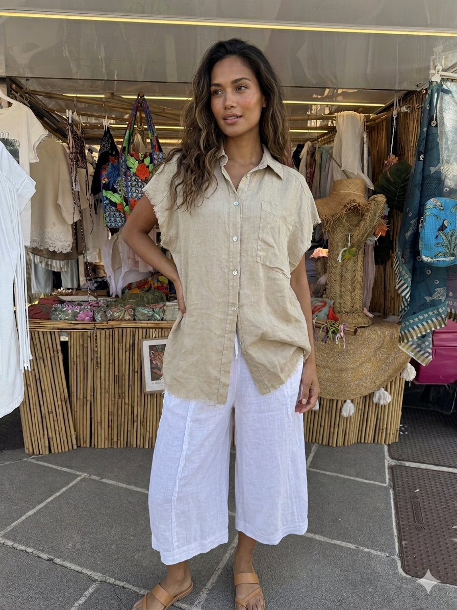 Camicia lunga Lino con maniche corte sfrangiate