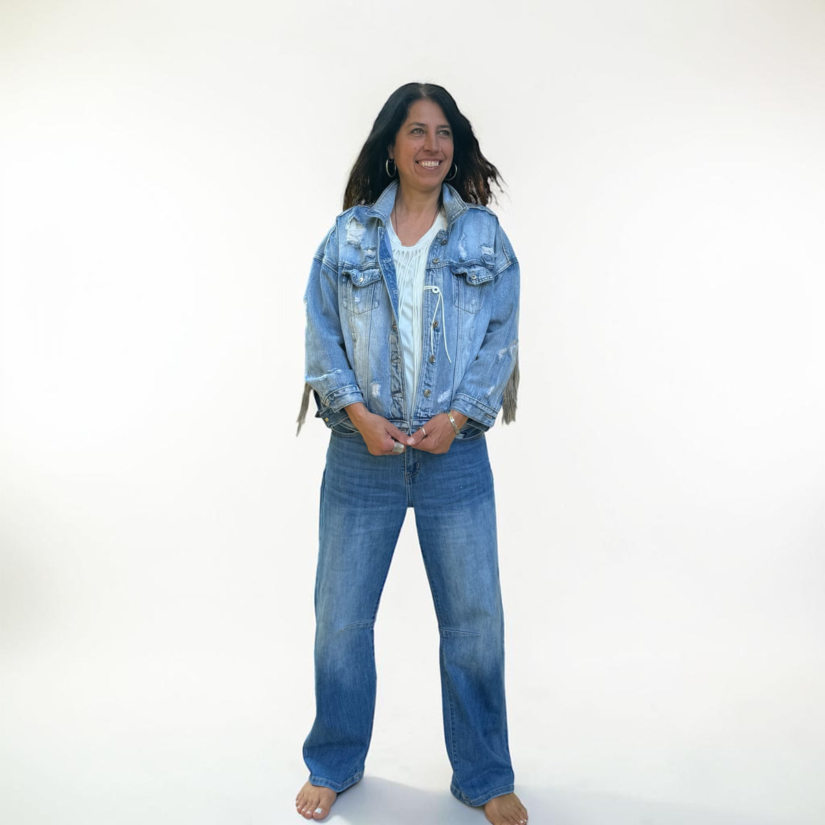 Giacca in Denim con ricamo Mexican Style con frange e bocchette