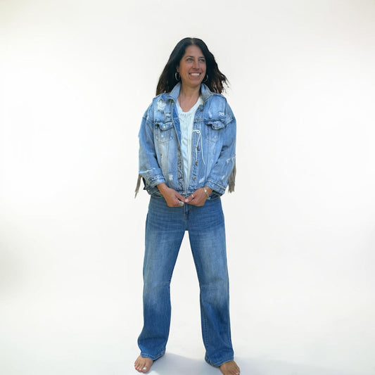 Giacca in Denim con ricamo Mexican Style con frange e bocchette
